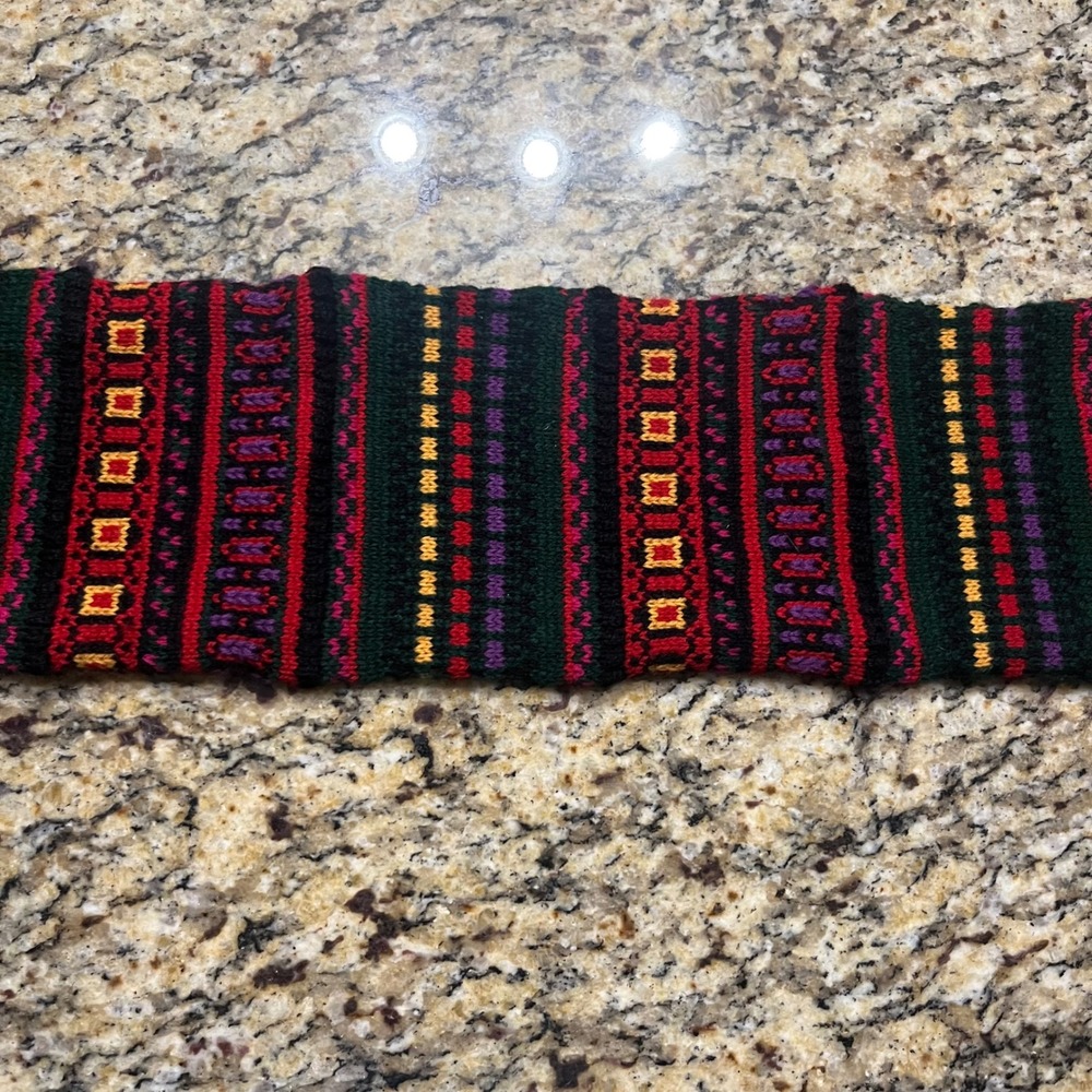 Vintage Bechamel Fair Isle Knit Scarf Multi Color Geometric Fringe Acrylic 60in
